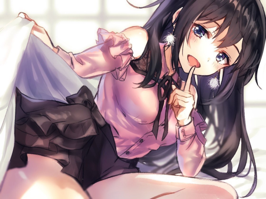 1girl bangs bed_invitation black_hair black_neckwear black_skirt blue_eyes commentary_request earrings finger_to_mouth frills jewelry long_hair long_sleeves looking_at_viewer natsuki_iori naughty_face neck_ribbon open_mouth original pink_shirt ribbon shirt shoulder_cutout skirt solo window