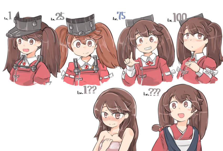 1girl :d blush brown_eyes brown_hair collarbone commentary_request enjaku_izuku grin hair_down highres japanese_clothes jewelry kantai_collection kariginu long_hair magatama multiple_views open_mouth ring ryuujou_(kantai_collection) simple_background smile twintails upper_body visor_cap wedding_band white_background