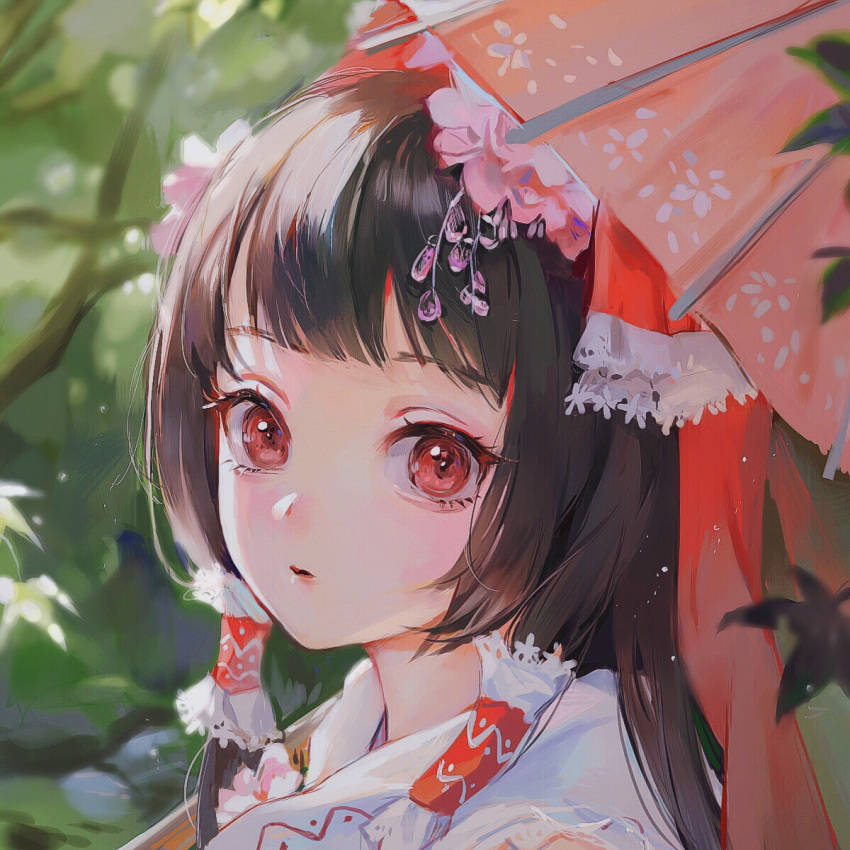 1girl :o bangs blunt_bangs blurry blurry_background bow brown_hair close-up eyebrows_visible_through_hair eyelashes face flower frilled_bow frilled_hair_tubes frills hair_bow hair_flower hair_ornament hair_ribbon hair_tubes hakurei_reimu highres leaf long_hair looking_at_viewer maccha_(mochancc) open_mouth oriental_umbrella outdoors parted_lips pink_flower plant red_bow red_eyes red_ribbon ribbon solo touhou tree umbrella