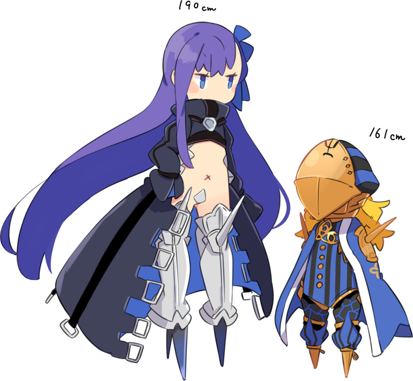 1boy 1girl avicebron_(fate) blonde_hair blue_eyes cape commentary crotch_plate fate/grand_order fate_(series) height_difference highres long_coat long_hair mask meltlilith navel pekeko_(pepekekeko) purple_hair sleeves_past_wrists spikes trait_connection very_long_hair