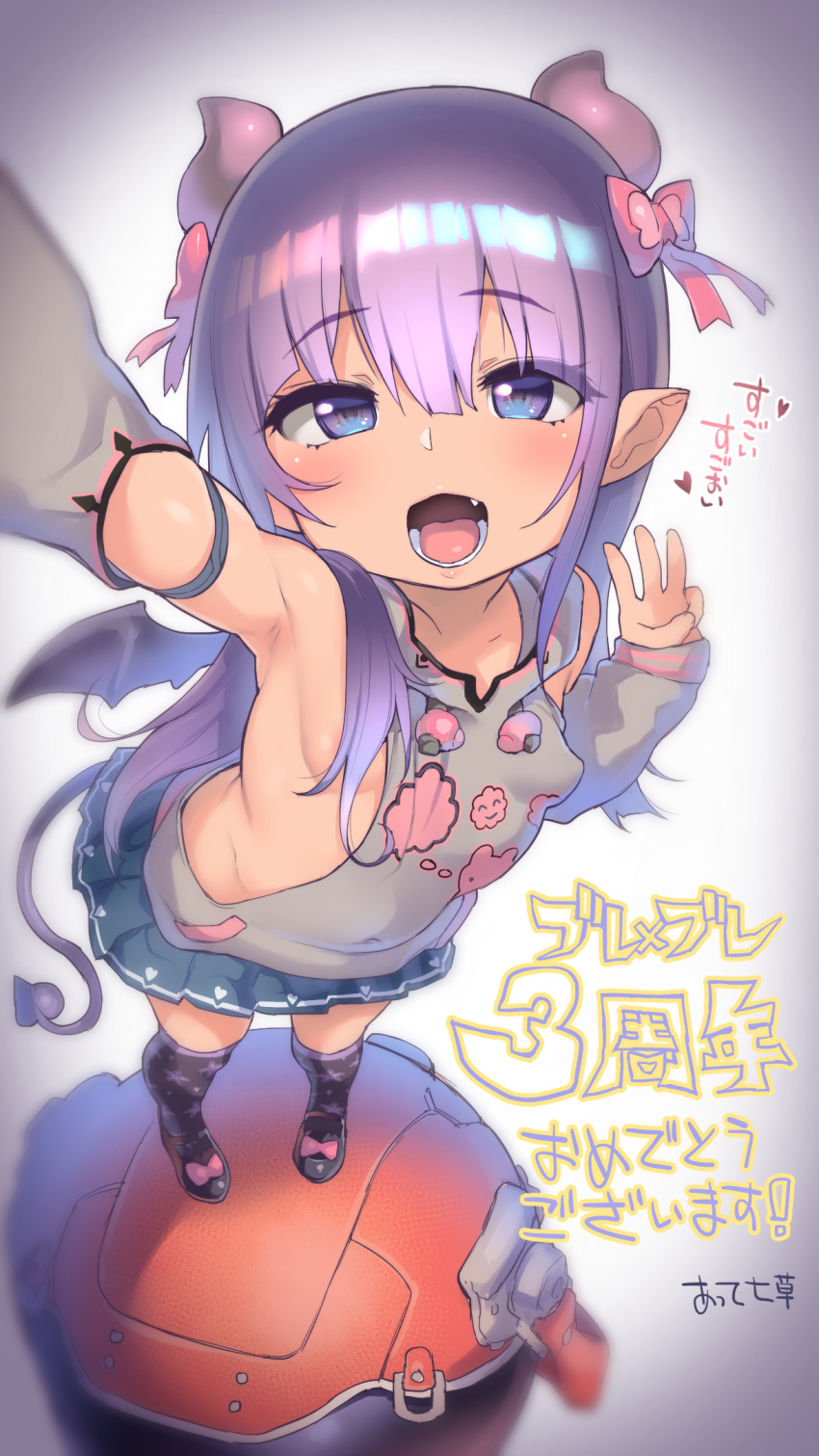 1girl :d armpits atte7kusa blush brave_sword_x_blaze_soul breasts detached_sleeves fang highres horns long_hair looking_at_viewer open_mouth pleated_skirt pointy_ears purple_hair skirt small_breasts smile solo star star_print tail teeth thigh-highs violet_eyes w wings