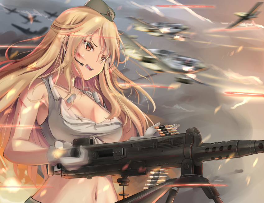 1girl aircraft airplane ammunition_belt armpits bangs bleeding blonde_hair blood breasts browning_m2 bullet cleavage clothes_around_waist clouds crop_top deep_wound dog_tags eyebrows_visible_through_hair firing floating_hair girls_frontline gloves gun hat heavy_machine_gun highres injury jacket_around_waist jewelry large_breasts light_particles long_hair looking_afar m2hb_(girls_frontline) machine_gun military military_hat navel necklace open_mouth orange_eyes reloading septet_(zrca_janne) sidelocks sleeveless smoke solo stomach sweat sweatdrop tripod very_long_hair weapon white_crop_top white_gloves wind wind_lift