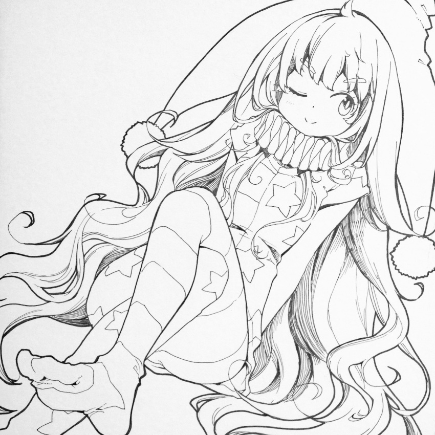 1girl ;) american_flag_dress american_flag_legwear bangs clownpiece commentary dress eyebrows_visible_through_hair feet greyscale hat highres jester_cap knee_up lineart long_hair looking_away monochrome namauni neck_ruff no_shoes one_eye_closed pantyhose short_dress short_sleeves side_glance smile solo star star_print striped thick_eyebrows touhou very_long_hair wavy_hair