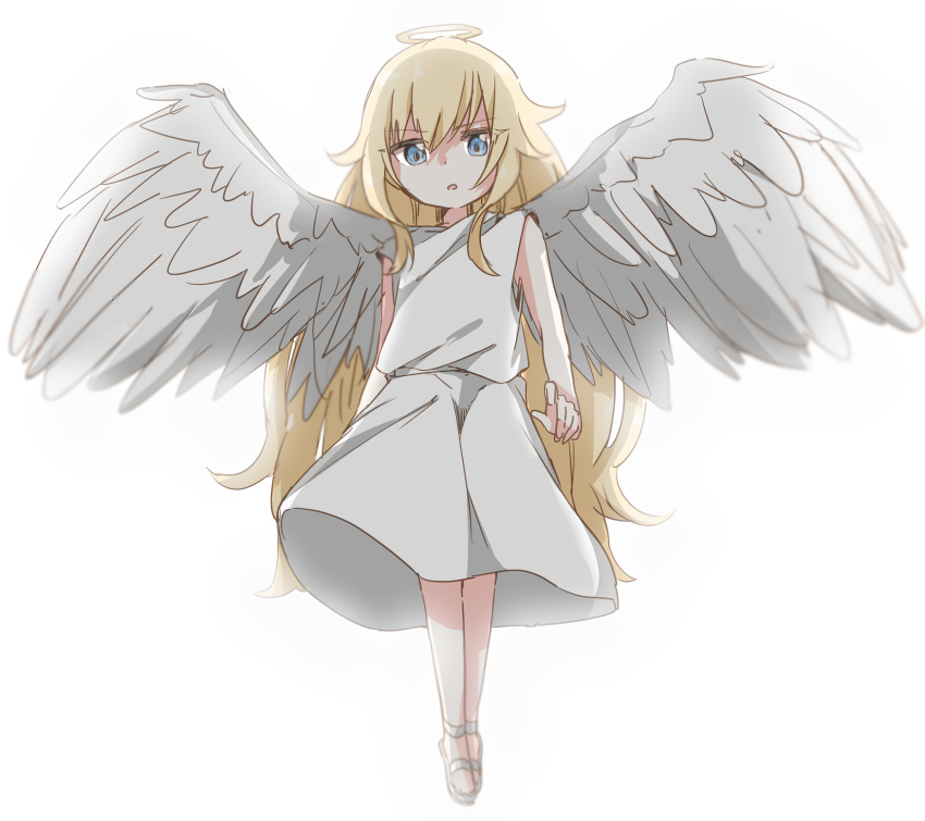 1girl angel angel_wings bafarin blonde_hair blue_eyes chiton commentary_request flying gabriel_dropout halo highres long_hair sandals simple_background solo tenma_gabriel_white very_long_hair white_background wings