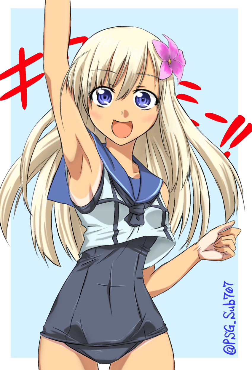 1girl absurdres akito_(sub707) armpits blonde_hair blue_background blue_eyes cowboy_shot crop_top flower hair_flower hair_ornament highres kantai_collection long_hair one-piece_swimsuit one-piece_tan open_mouth ro-500_(kantai_collection) sailor_collar school_swimsuit smile solo swimsuit swimsuit_under_clothes tan tanline twitter_username two-tone_background waving