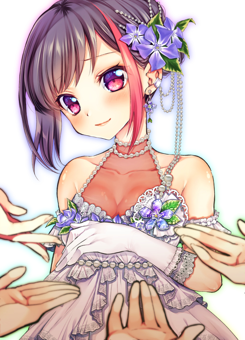 1girl bang_dream! bare_shoulders blush breasts brown_hair cleavage closed_mouth collarbone detached_sleeves dress ear_piercing earrings elbow_gloves flower gloves hair_flower hair_ornament hands head_tilt highres jewelry lips mitake_ran multicolored_hair pearl piercing pink_hair red_lips see-through short_hair short_sleeves simple_background small_breasts smile solo_focus streaked_hair tsurugi_hikaru upper_body violet_eyes wedding_dress white_background white_dress white_gloves