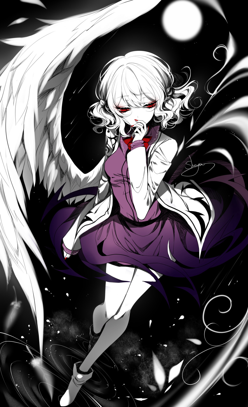 1girl absurdres artist_name bow braid breasts dress eyebrows_visible_through_hair feathered_wings french_braid hand_to_own_mouth highres jacket kishin_sagume limited_palette long_sleeves medium_breasts moon nail_polish neck_bow purple_dress red_bow red_nails red_neckwear ripples sheya short_hair signature single_wing solo spot_color touhou walking white_wings wings