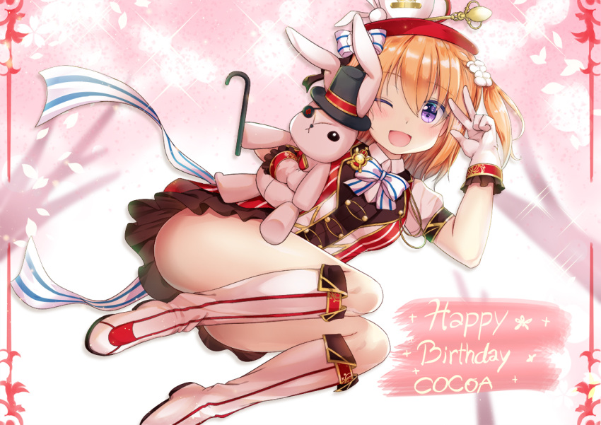 1girl ;d bangs black_hat blush boots bow breasts cane character_name cherry_blossoms collared_shirt commentary_request eyebrows_visible_through_hair gloves gochuumon_wa_usagi_desu_ka? hair_between_eyes hand_up happy_birthday hat hoto_cocoa knee_boots light_brown_hair medium_breasts niiya object_hug one_eye_closed open_mouth petals puffy_short_sleeves puffy_sleeves red_hat red_skirt ribbon shirt short_sleeves skirt smile solo striped striped_bow striped_ribbon stuffed_animal stuffed_bunny stuffed_toy top_hat v vertical-striped_skirt vertical_stripes violet_eyes white_bow white_footwear white_gloves white_shirt