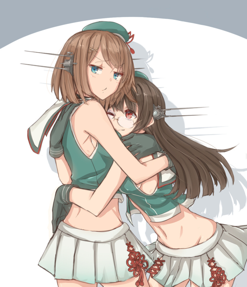 2girls black_gloves black_hair blue_eyes breasts brown_hair choukai_(kantai_collection) cowboy_shot glasses gloves hair_ornament headgear highres hollomaru hug jitome kantai_collection large_breasts long_hair looking_at_another looking_at_viewer maya_(kantai_collection) midriff multiple_girls navel one_eye_closed pleated_skirt red_eyes remodel_(kantai_collection) rimless_eyewear short_hair sideboob skirt x_hair_ornament yuri