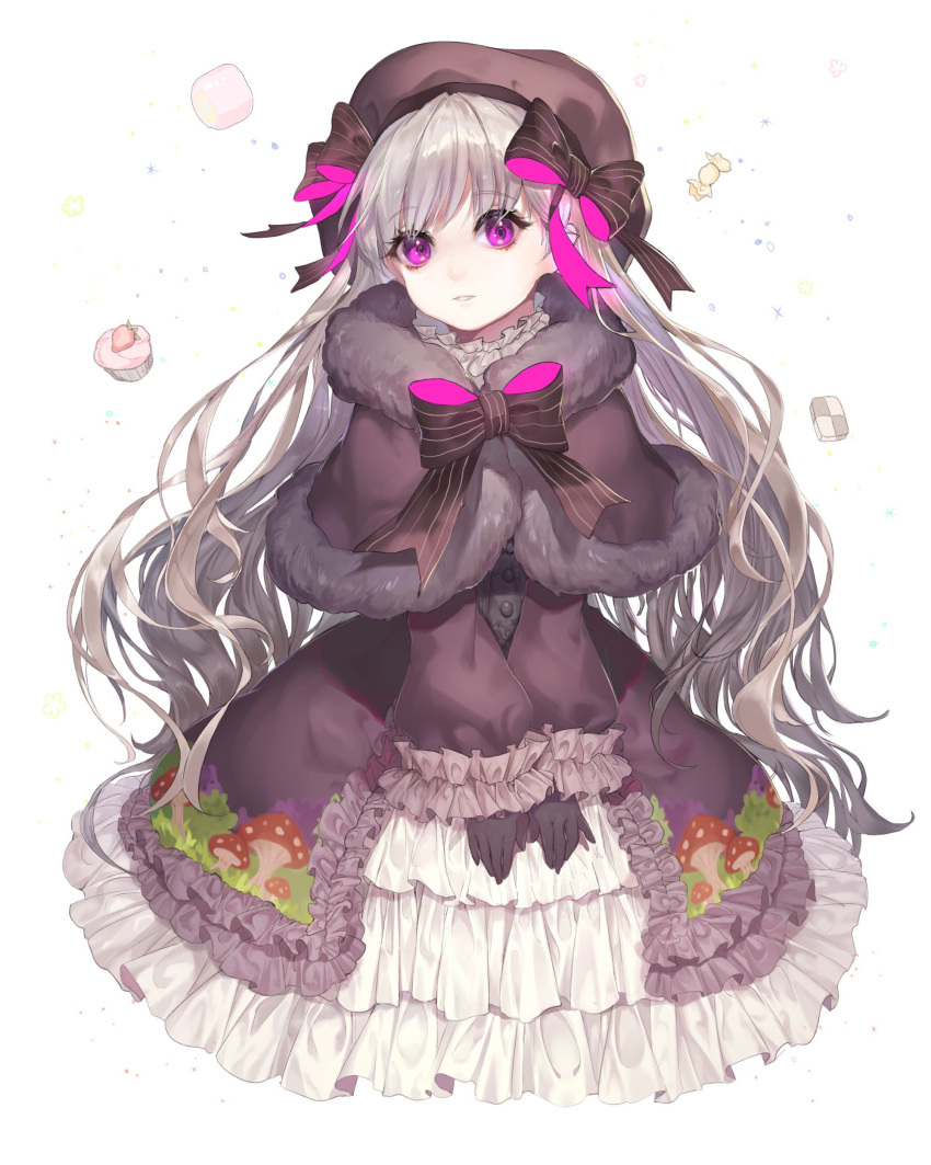 1girl absurdres bow canar capelet character_request commentary_request copyright_request corset dress frilled_dress frills fur_collar gothic_lolita hair_bow hat highres lolita_fashion long_hair silver_hair solo sweets v_arms very_long_hair violet_eyes