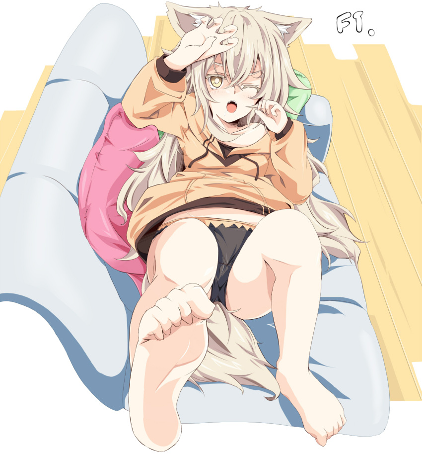 &gt;:o 1girl ;o animal_ears bare_legs barefoot black_panties borrowed_character couch fox_ears fox_tail fujishima_tsubasa full_body highres hood hood_down hoodie light_brown_hair long_hair long_sleeves lying no_pants on_back one_eye_closed open_mouth original panties pillow saliva tail underwear yellow_eyes yoru_(tsunekichi)