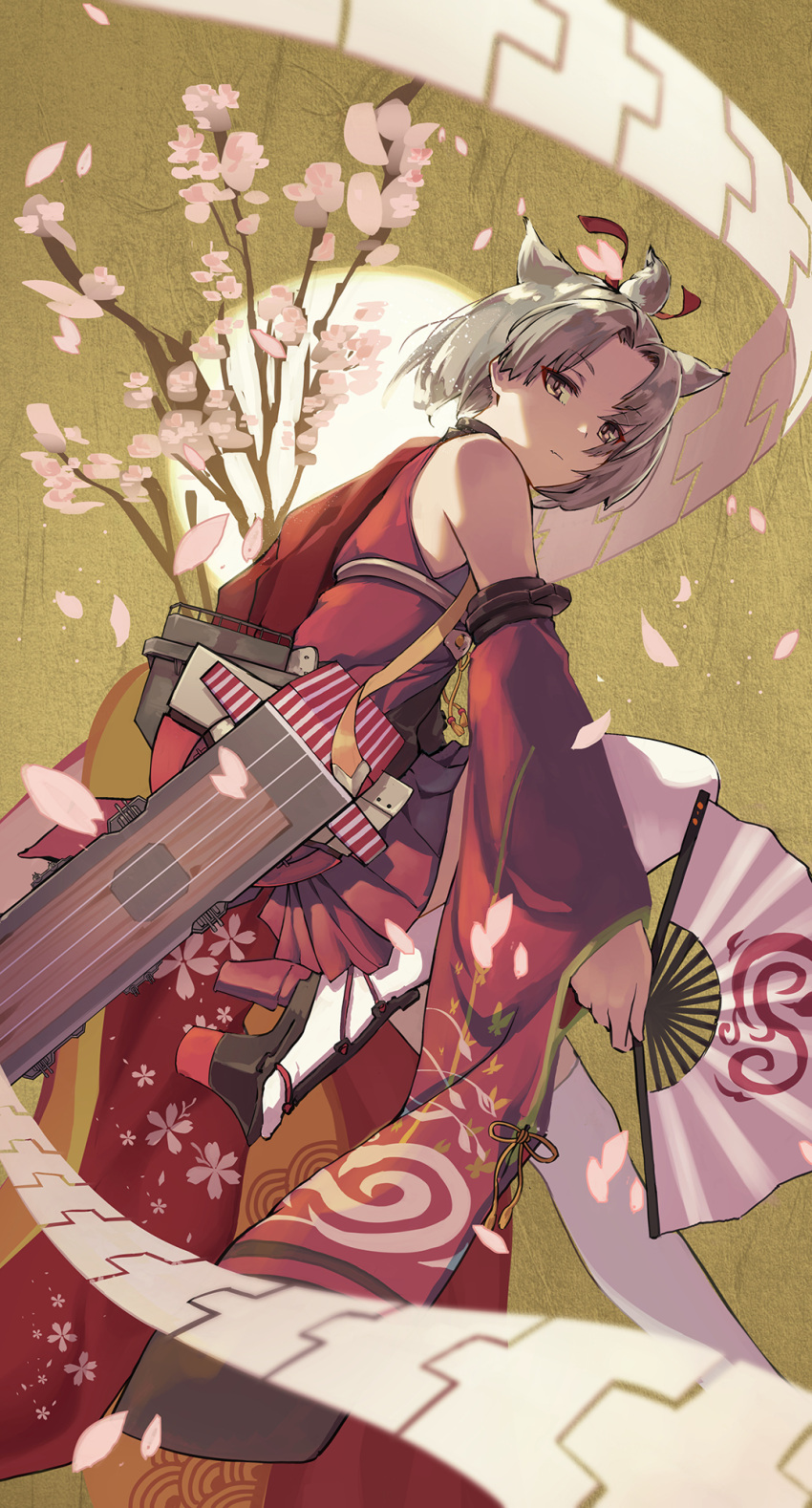 1girl animal_ears azur_lane bangs bare_shoulders breasts brown_eyes cherry_blossoms closed_mouth detached_sleeves eyebrows_visible_through_hair fan fang flight_deck floral_print folding_fan from_side fujita_(condor) hair_ribbon highres holding holding_fan japanese_clothes kimono long_hair long_sleeves looking_at_viewer looking_back machinery moon one_leg_raised petals pleated_skirt red_kimono red_ribbon remodel_(azur_lane) ribbon rigging rudder_shoes short_hair shouhou_(azur_lane) skirt smile solo thigh-highs topknot tree_branch white_hair white_legwear wide_sleeves