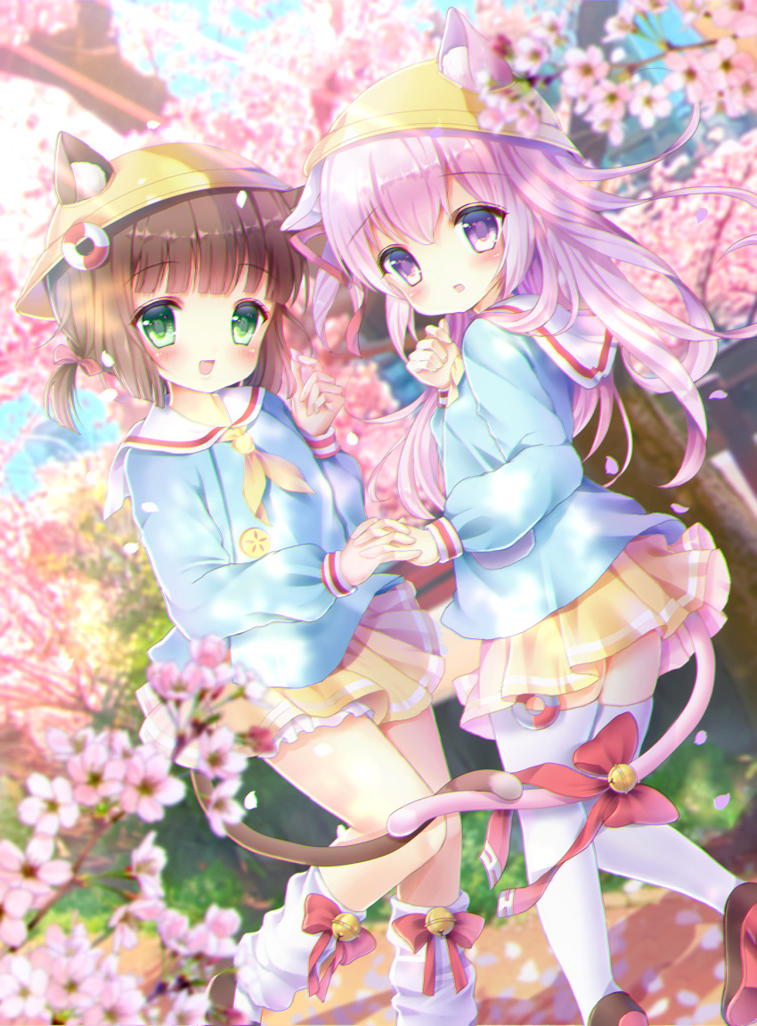 2girls :d animal_ears azur_lane bangs bell blue_shirt blurry blurry_background blurry_foreground blush bow brown_footwear brown_hair cat_ears cat_girl cat_tail cherry_blossoms chromatic_aberration commentary_request day depth_of_field dutch_angle ears_through_headwear eyebrows_visible_through_hair fang flower green_eyes hair_between_eyes hair_ribbon hand_holding hand_up hat highres interlocked_fingers jingle_bell kindergarten_uniform kisaragi_(azur_lane) lifebuoy loafers long_hair long_sleeves looking_at_viewer looking_to_the_side loose_socks multiple_girls mutsuki_(azur_lane) neckerchief open_mouth outdoors parted_lips petals pink_flower pink_hair pleated_skirt red_bow red_ribbon ribbon sailor_collar school_hat shirt shoes skirt smile sunlight tail tail_bell tail_bow thigh-highs very_long_hair violet_eyes white_legwear white_sailor_collar yellow_hat yellow_neckwear yellow_skirt yuyuko_(yuyucocco)