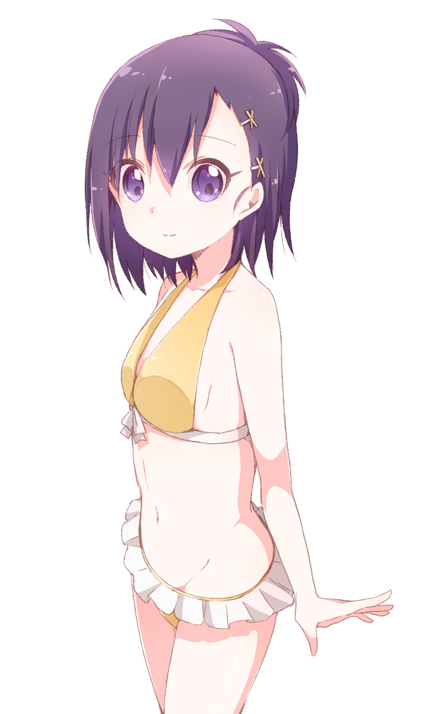 1girl bafarin bikini frilled_bikini frills from_side gabriel_dropout hair_ornament hairclip highres looking_at_viewer navel purple_hair short_hair simple_background smile solo swimsuit tsukinose_vignette_april violet_eyes white_background x_hair_ornament yellow_bikini