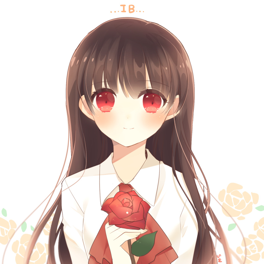 1girl ascot atobesakunolove blush brown_hair character_name closed_mouth collared_shirt eyebrows_visible_through_hair fingernails flower highres holding holding_flower ib ib_(ib) long_hair long_sleeves looking_at_viewer red_eyes red_flower red_neckwear red_rose rose shirt smile solo upper_body white_background white_shirt wing_collar