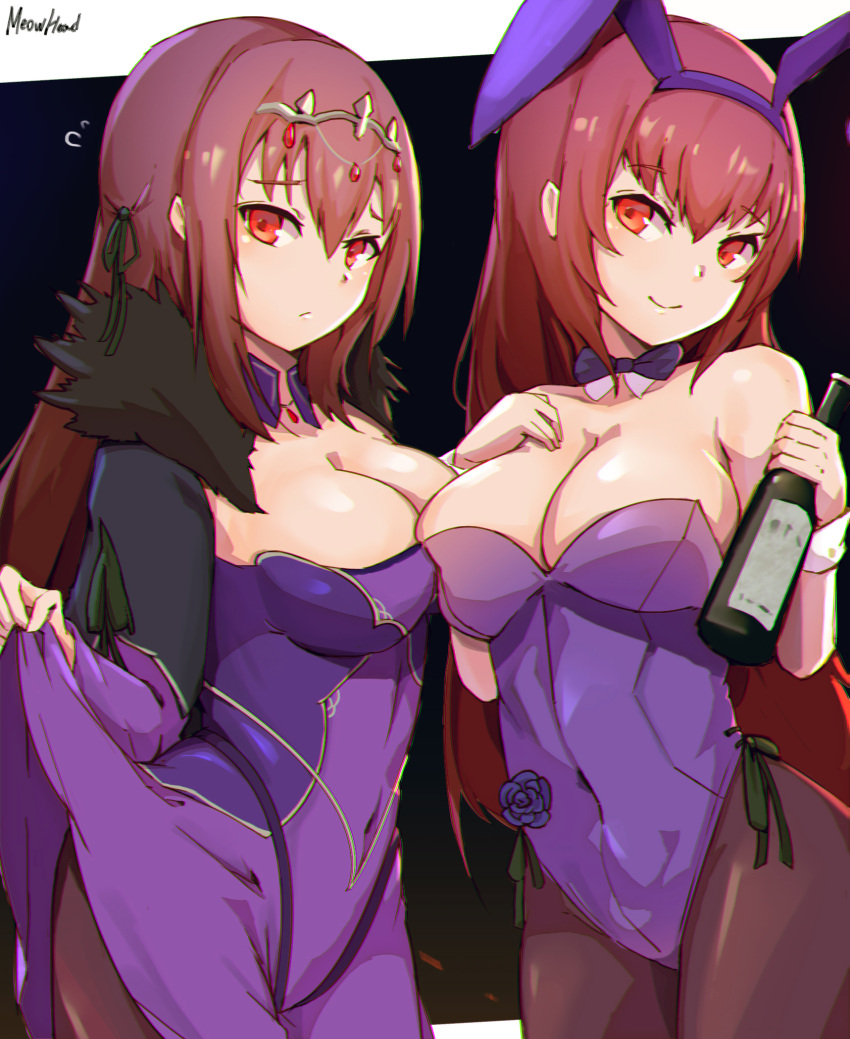 2girls animal_ears artist_name black_legwear bottle breast_press breasts bunnysuit caster_(lostbelt) cleavage closed_mouth covered_navel cowboy_shot dress dress_lift eyebrows_visible_through_hair fate/grand_order fate_(series) flower flying_sweatdrops fur_collar hair_ornament hand_on_own_chest highres holding holding_bottle jewelry large_breasts long_hair long_sleeves looking_at_viewer meow_head multiple_girls neck_bow necklace pantyhose purple_dress rabbit_ears red_eyes redhead scathach_(fate/grand_order) signature smile tareme very_long_hair white_wrist_cuffs wine_bottle wrist_cuffs