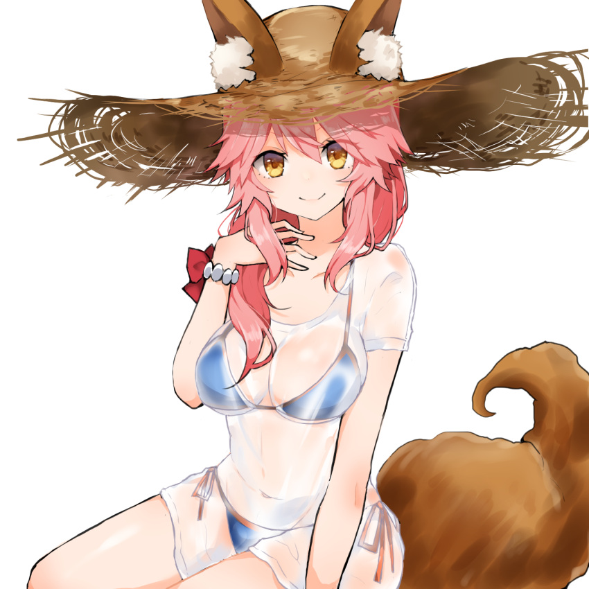 1girl animal_ears bangs bikini bikini_under_clothes blue_bikini bracelet breasts brown_hat cleavage collarbone ears_through_headwear fate/grand_order fate_(series) fox_ears fox_tail hair_over_shoulder hand_on_own_chest hat highres jewelry large_breasts long_hair looking_at_viewer navel orange_ribbon pink_hair ribbon see-through shirt short_sleeves side-tie_bikini simple_background sitting solo stomach straw_hat string_bikini swimsuit tail takae_(poupee_en_biscuit) tamamo_(fate)_(all) tamamo_no_mae_(swimsuit_lancer)_(fate) tareme thighs wet wet_clothes wet_shirt white_background white_shirt yellow_eyes