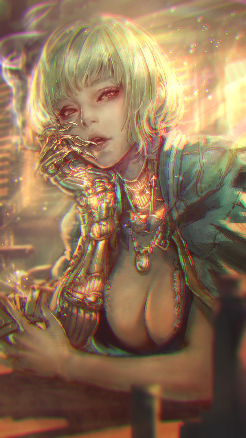 1girl blonde_hair blurry blurry_foreground breasts chin_rest chromatic_aberration cigarette cleavage commentary_request cyborg depth_of_field highres jewelry kaburagi_yasutaka lighter looking_at_viewer mechanical_arm necklace original parted_lips prosthesis prosthetic_arm short_hair solo