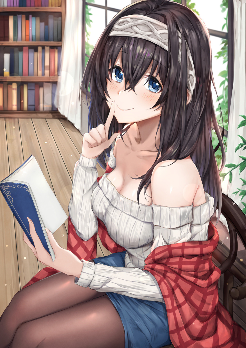 1girl absurdres bare_shoulders black_hair black_legwear blue_eyes blurry blush bokeh book breasts cleavage closed_eyes coffeedog collarbone depth_of_field eyebrows_visible_through_hair finger_to_mouth from_side hair_between_eyes hairband highres idolmaster idolmaster_cinderella_girls indoors large_breasts long_hair looking_at_viewer off-shoulder_sweater open_book pantyhose plaid ribbed_sweater sagisawa_fumika shawl sidelocks sitting skirt smile solo sweater