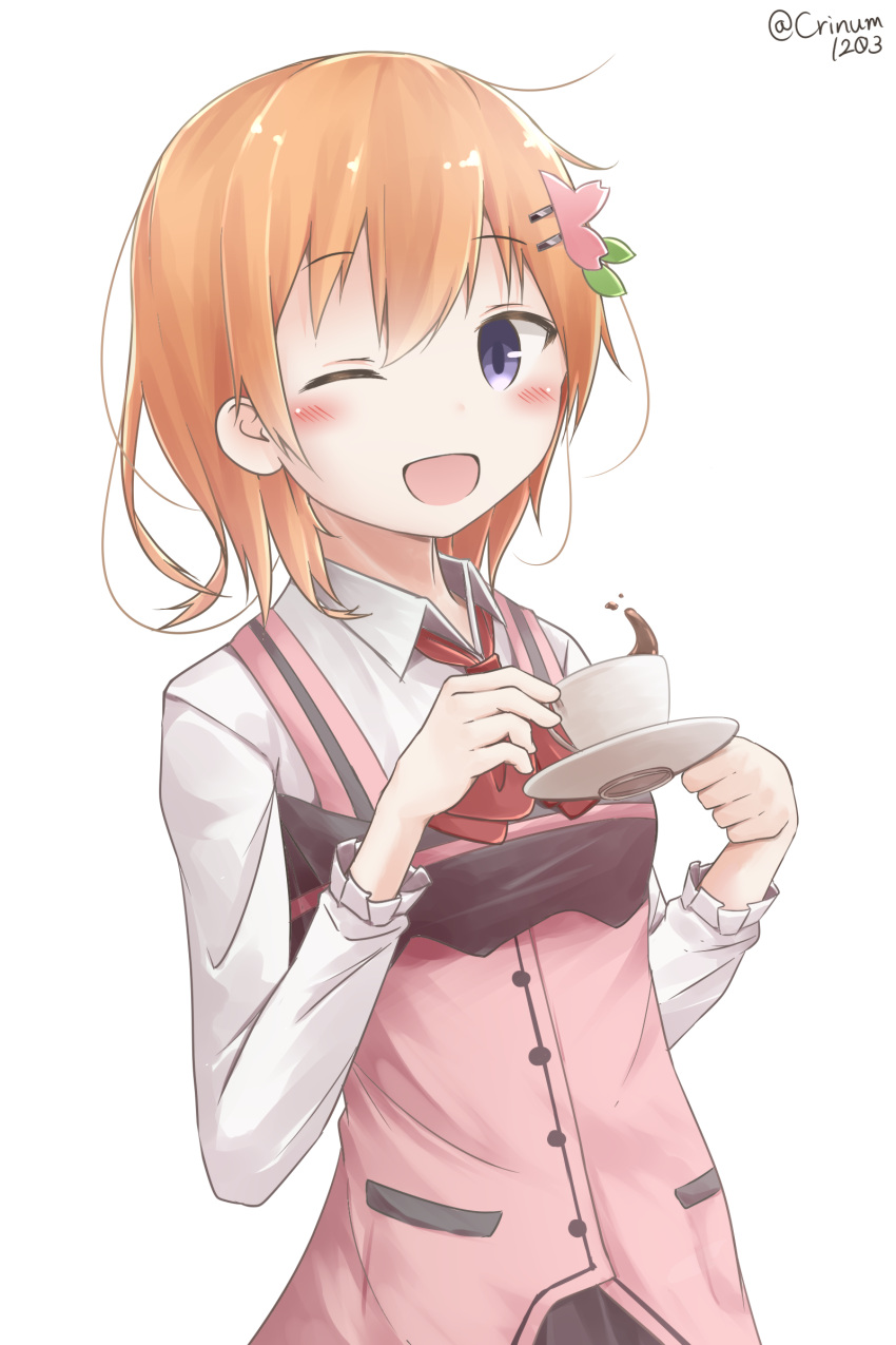 1girl ;d absurdres bangs black_skirt blush coffee collared_shirt commentary_request cup eyebrows_visible_through_hair gochuumon_wa_usagi_desu_ka? hair_between_eyes hair_ornament hairclip hamayuu_(litore) highres holding holding_cup holding_saucer hoto_cocoa light_brown_hair looking_at_viewer one_eye_closed open_mouth pink_vest rabbit_house_uniform saucer shirt simple_background skirt smile solo teacup twitter_username uniform upper_body vest violet_eyes white_background white_shirt