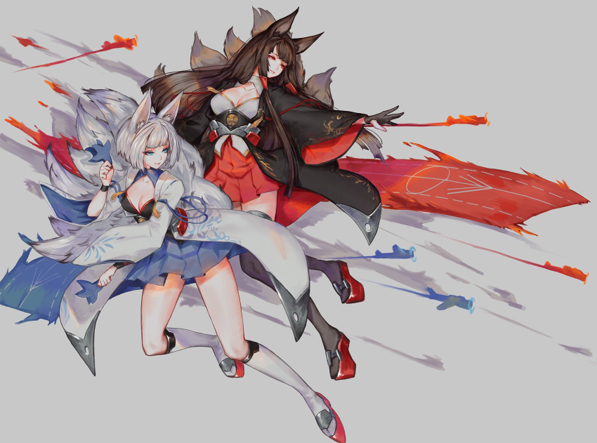 2girls aiguillette akagi_(azur_lane) animal_ears azur_lane bangs black_gloves black_legwear blue_eyes blue_skirt blunt_bangs blush bob_cut breasts brown_hair cleavage eyebrows_visible_through_hair flight_deck floating_hair fox_ears fox_tail gloves grey_background hair_between_eyes hair_ribbon head_tilt highres holding japanese_clothes kaga_(azur_lane) kneehighs large_breasts long_hair looking_afar looking_at_viewer mask multiple_girls multiple_tails onmyouji outstretched_hand parted_lips partly_fingerless_gloves pleated_skirt red_eyes red_skirt ribbon rigging rudder_shoes saimon_ma shikigami short_hair sidelocks simple_background skirt smile tail tassel thigh-highs thighs tress_ribbon white_hair white_legwear wide_sleeves wind wind_lift wristband