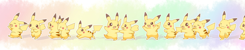 akuasu blush_stickers commentary creature ditto gen_1_pokemon highres long_image multicolored multicolored_background no_humans pikachu pokemon pokemon_(creature) too_many too_many_pikachu transformed_ditto walking wide_image