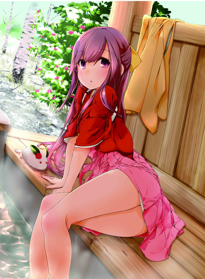 1girl absurdres ass ayuya_naka_no_hito boots bow commentary_request cross-laced_footwear hair_bow hakama half_updo highres japanese_clothes kamikaze_(kantai_collection) kantai_collection kimono lace-up_boots long_hair meiji_schoolgirl_uniform pink_hakama purple_hair red_kimono ribbon snow_bunny tasuki violet_eyes yellow_bow yellow_ribbon