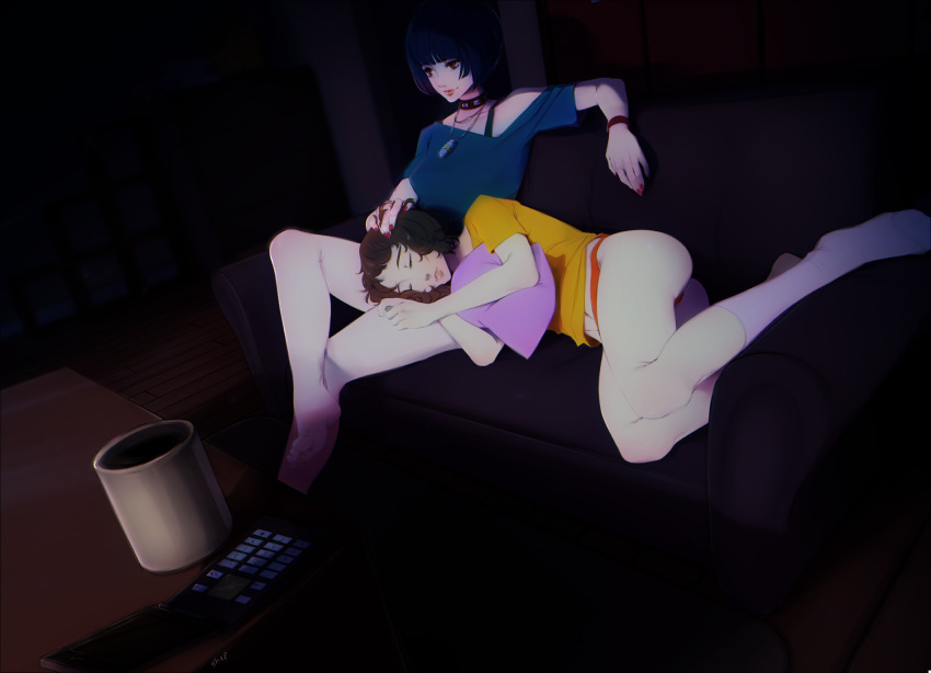 2girls barefoot cellphone choker closed_eyes coffee_mug couch cup curly_hair hand_on_another's_head highres jewelry kawakami_sadayo lap_pillow mug multiple_girls necklace panties persona persona_5 perspective phone sleeping sleeping_on_person smile socks sticky_(stickysheep) studded_choker table takemi_tae undershirt underwear
