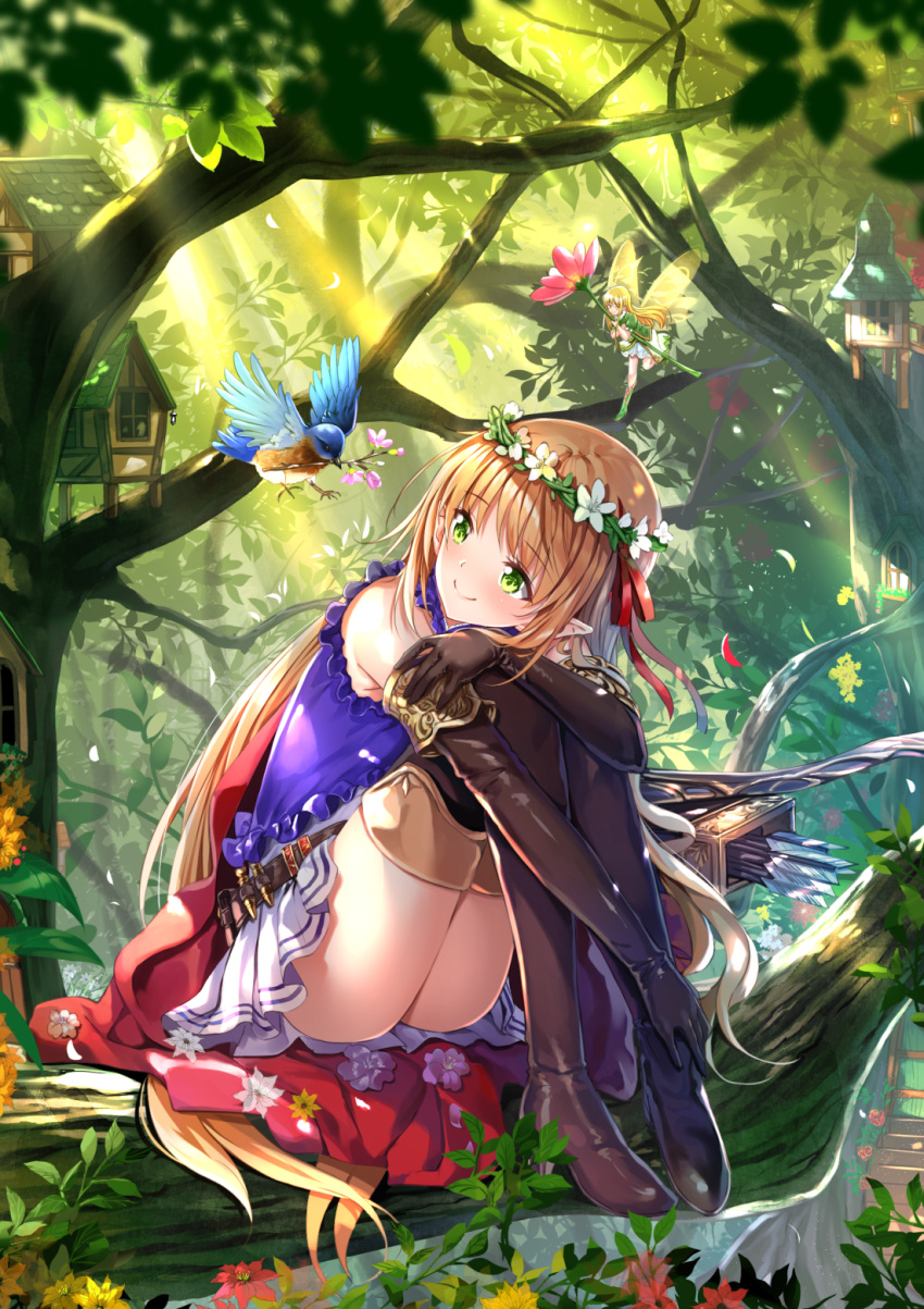 1girl animal arisa_(shadowverse) arrow bird black black_footwear black_legwear blonde_hair blue_shirt blush boots bow_(weapon) closed_mouth commentary_request dappled_sunlight day elbow_gloves fairy fairy_wings flower flower_wreath forest gloves green_eyes green_shirt hair_ribbon head_tilt head_wreath highres holding holding_flower house in_tree leg_hug light_brown_hair long_hair looking_to_the_side nature outdoors petals pink_flower pleated_skirt puffy_short_sleeves puffy_sleeves purple_flower quiver red_flower red_ribbon ribbon shadowverse shirt short_sleeves sitting skirt sleeveless sleeveless_shirt smile solo sunlight swordsouls thigh-highs thigh_boots tree very_long_hair weapon white_flower white_skirt wings