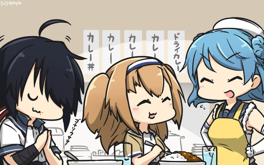 3girls ahoge apron bangs bib black_hair blue_hair closed_eyes commentary_request curry curry_rise double_bun eating elbow_gloves food glass gloves hair_ornament hairband hairclip hamu_koutarou hands_on_hips hat highres i-26_(kantai_collection) kako_(kantai_collection) kantai_collection light_brown_hair long_hair multiple_girls neckerchief parted_bangs ponytail sailor_collar sailor_hat school_uniform serafuku short_sleeves sleeves_rolled_up two-tone_hairband two_side_up urakaze_(kantai_collection) white_gloves white_hat yellow_apron