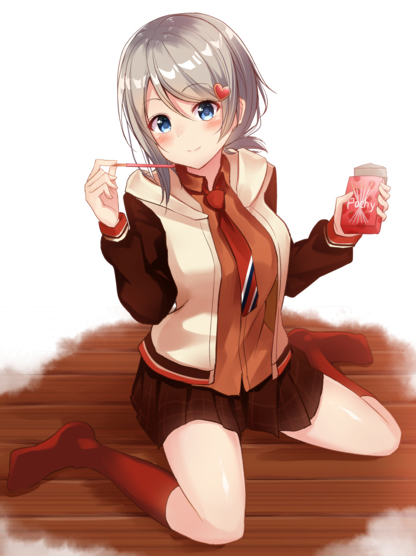 1girl absurdres blue_eyes blush box brown_hair food grey_hair highres holding holding_box holding_pocky jacket japanese_clothes long_sleeves looking_at_viewer love_live! love_live!_school_idol_festival love_live!_sunshine!! maroon_legwear miniskirt nail_polish necktie no_shoes plaid plaid_skirt pleated_skirt pocky red_nails sitting_on_floor skirt smile socks solo sonoko_neko watanabe_you wooden_floor