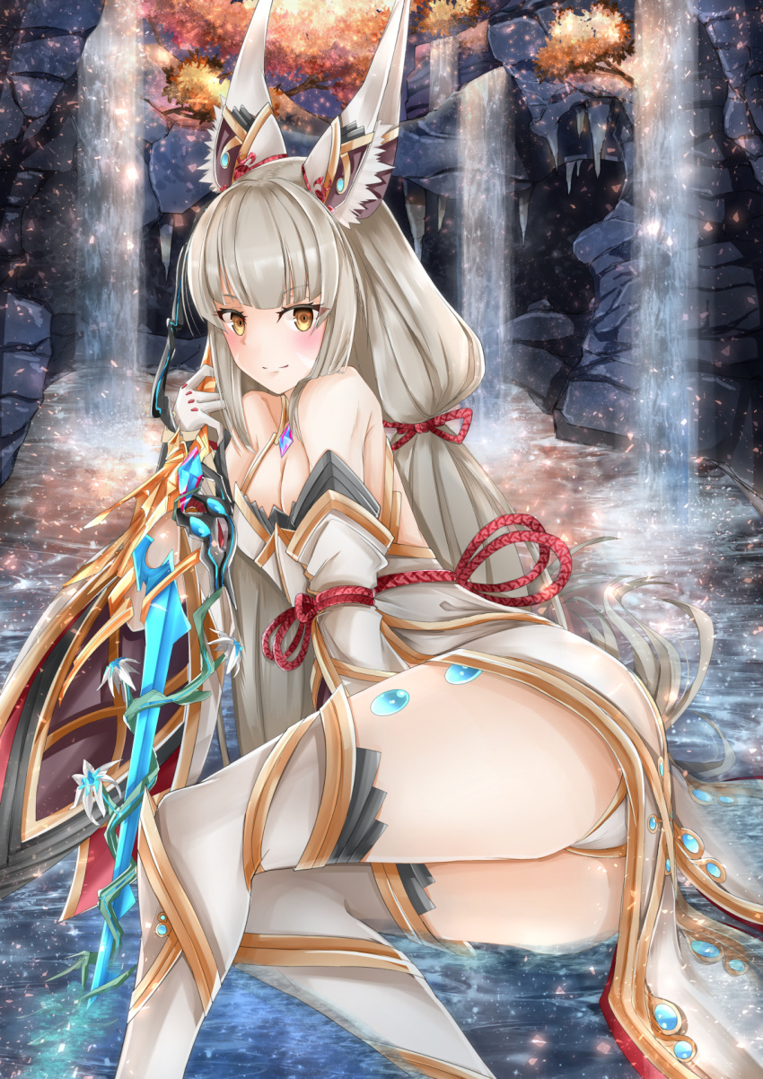 1girl animal_ears ass bangs blunt_bangs breasts cat_ears cleavage commentary_request ear_ornament gloves highres holding holding_sword holding_weapon long_hair looking_at_viewer niyah sarasadou_dan silver_hair smile solo spoilers sword water waterfall weapon white_gloves xenoblade_(series) xenoblade_2 yellow_eyes