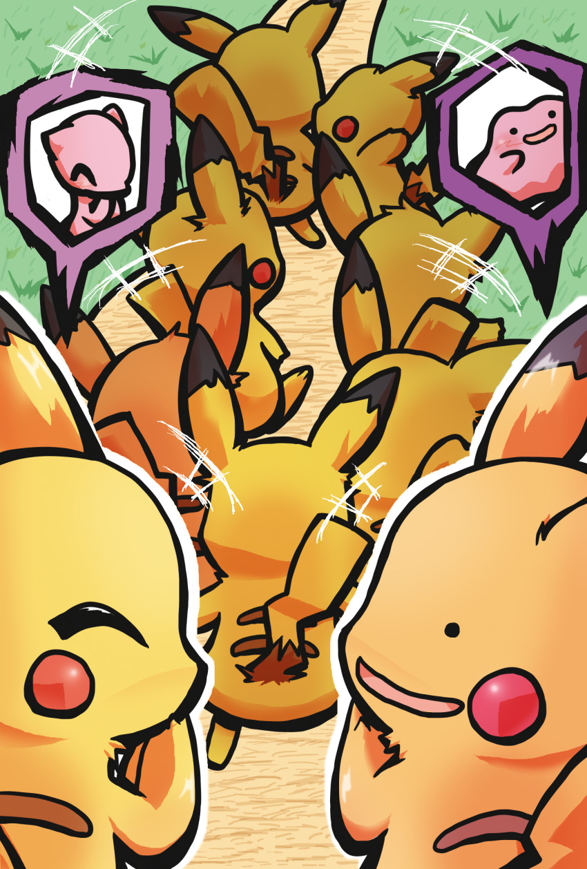 blush_stickers commentary_request creature ditto gen_1_pokemon highres mew nature no_humans outdoors pikachu pokemon pokemon_(creature) suzuhara_hakuto too_many too_many_pikachu transformed_ditto transformed_mew walking