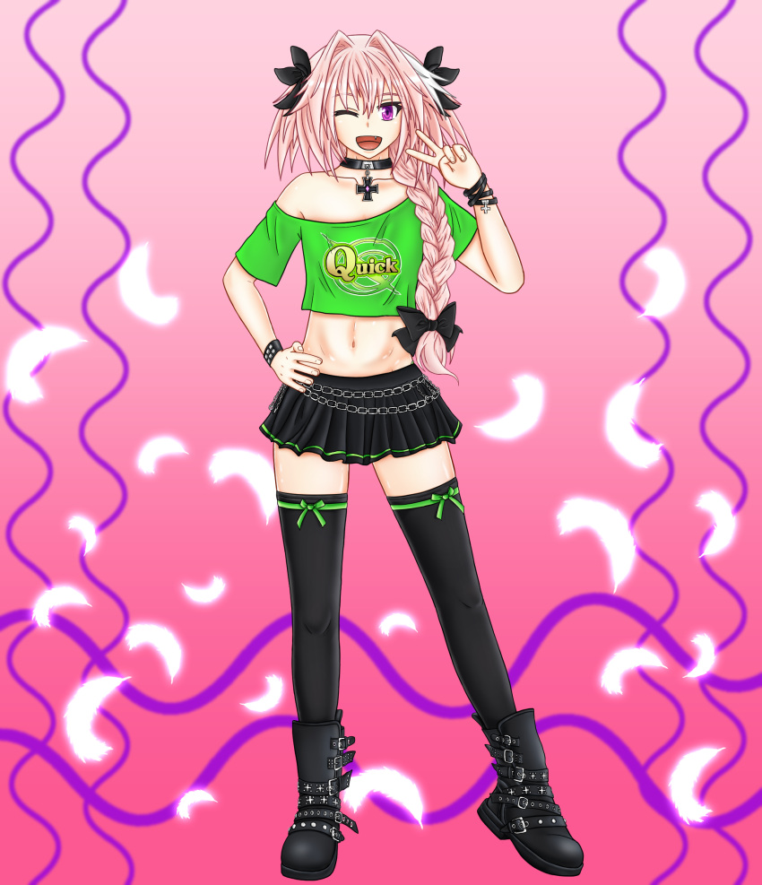 1boy ;d ankle_boots astolfo_(fate) bangs black_bow black_choker black_footwear black_legwear black_skirt boots bow bracelet braid chain_belt choker clothes_writing collarbone combat_boots commentary_request contrapposto crop_top fang fate/apocrypha fate_(series) feathers full_body greek_cross green_ribbon green_shirt hair_between_eyes hair_bow hair_intakes hair_over_shoulder hand_on_hip hand_up highres jewelry long_hair looking_at_viewer male_focus miniskirt multicolored_hair navel off-shoulder_shirt off_shoulder one_eye_closed open_mouth pendant pink_background pink_hair pleated_skirt print_shirt ribbon ribbon-trimmed_legwear ribbon_trim risvu shirt short_sleeves simple_background single_braid skirt smile solo stomach streaked_hair studded_bracelet thigh-highs trap two-tone_hair v violet_eyes white_hair zettai_ryouiki
