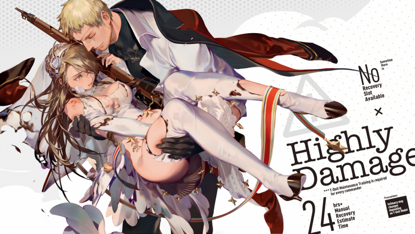 1boy 1girl bare_shoulders black_panties blonde_hair blood boots breasts bridal_veil brown_hair burnt_clothes carrying cleavage closed_mouth commander_(girls_frontline) covering covering_crotch cowboy_shot damaged dress elbow_gloves english eyepatch full_body girls_frontline gloves green_eyes gun high_heel_boots high_heels injury jacket jacket_on_shoulders jewelry large_breasts leaning_forward lee-enfield_(girls_frontline) long_hair long_sleeves necklace open_clothes open_jacket panties pendant princess_carry rei_(sanbonzakura) rifle sleeves_rolled_up smile standing thigh-highs thigh_boots thighs torn_boots torn_clothes torn_dress underwear veil weapon wedding_dress white_background white_dress white_footwear white_gloves white_jacket