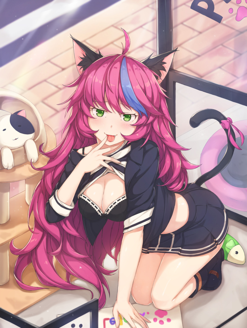 1girl :p ahoge animal animal_ears bangs bare_shoulders black_bow black_bra black_footwear black_jacket black_shirt black_skirt blush boots bow bow_bra bra breasts cat cat_ears cat_girl cat_tail cleavage commentary_request eyebrows_visible_through_hair fang finger_to_tongue full_body hallohi hand_up highres indoors jacket knee_boots kneeling long_hair long_sleeves looking_at_viewer medium_breasts multicolored_hair navel off_shoulder open_clothes open_jacket open_mouth original pink_hair purple_bow purple_hair school_uniform shirt skirt sleeves_past_elbows solo spaghetti_strap streaked_hair striped striped_shirt tail tail_bow tongue tongue_out two-tone_hair underwear very_long_hair