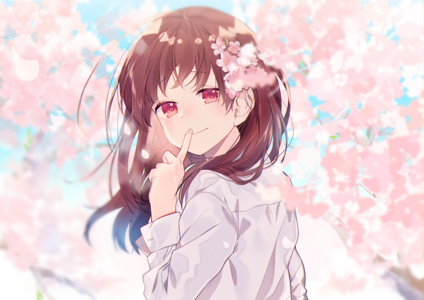 1girl bangs blurry blush brown_hair cherry_blossoms depth_of_field finger_to_mouth floating_hair flower hair_flower hair_ornament hair_over_shoulder highres long_sleeves looking_at_viewer looking_back omutatsu original outdoors petals red_eyes shirt sidelocks smile solo standing tree upper_body white_shirt wind