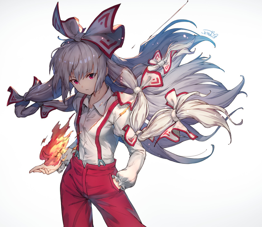 1girl bangs bow collared_shirt contrapposto dress_shirt expressionless fire floating_hair fujiwara_no_mokou hair_bow hand_in_pocket highres kotoribako long_hair long_sleeves open_hand pants pink_eyes red_pants shiny shiny_hair shirt signature silver_hair solo standing suspenders touhou very_long_hair white_bow white_shirt wind wing_collar