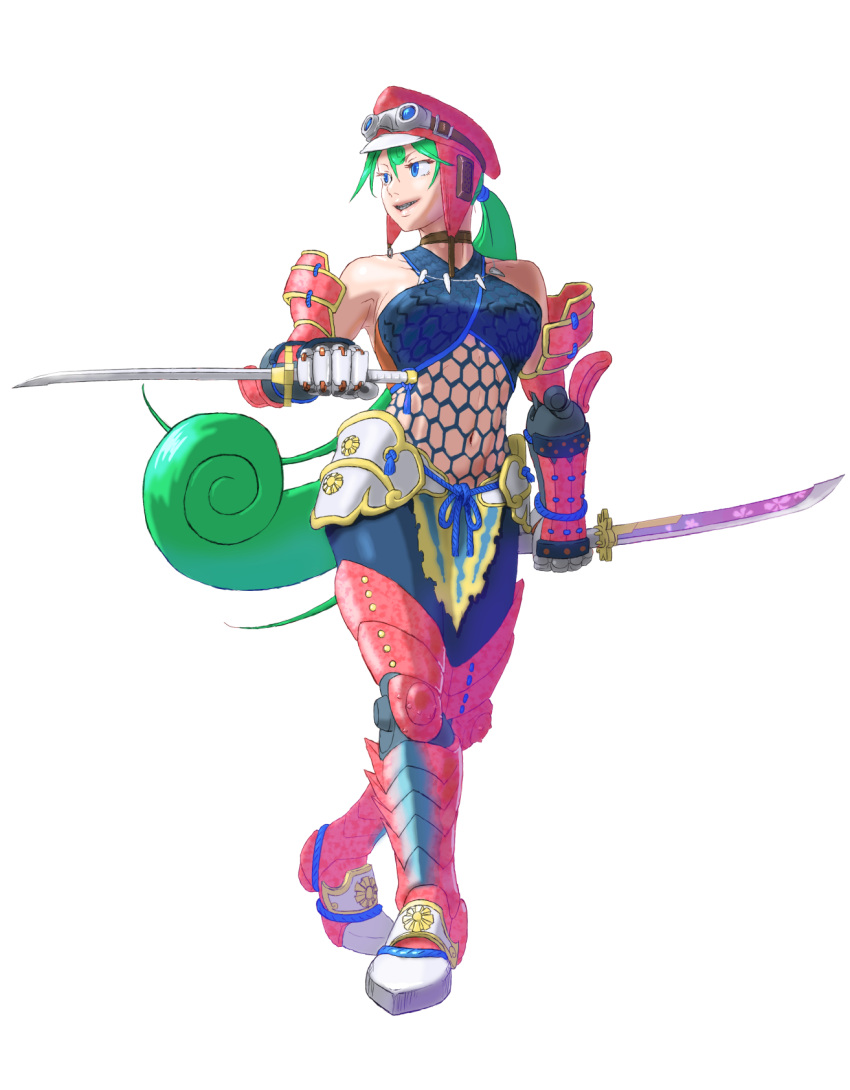 1girl adapted_costume android armor bare_shoulders blue_eyes boots breasts capcom choker commentary_request crossover dual_wielding fang_necklace fishnets full_body goggles goggles_on_headwear green_hair hair_between_eyes hat highres holding holding_weapon hudy8358 jewelry katana large_breasts long_hair marino midriff mizutsune_(armor) monster_hunter monster_hunter_xx nargacuga_(armor) navel necklace robot_joints rockman rockman_x simple_background solo standing sword very_long_hair weapon