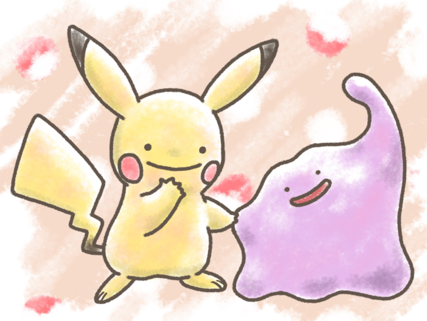 blush_stickers closed_mouth creature full_body gen_1_pokemon happy highres leaf_(pixiv17652941) no_humans open_mouth pikachu pink_background pokemon pokemon_(creature) smile standing transformed_ditto