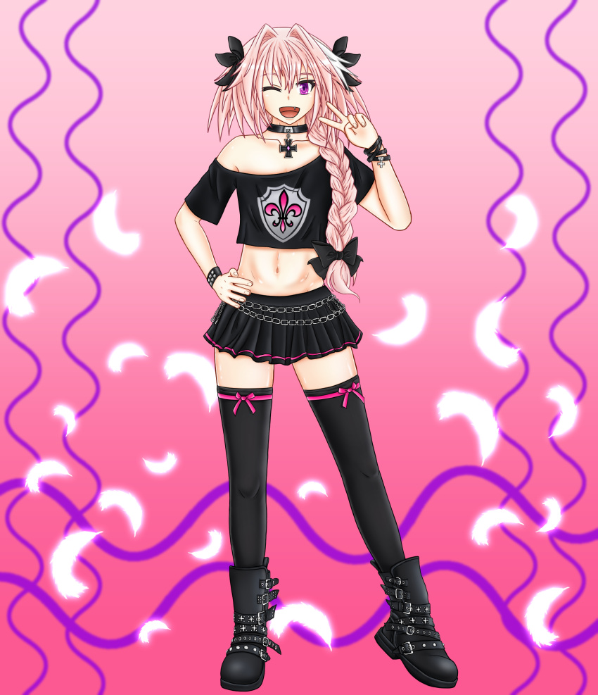 1boy ;d ankle_boots astolfo_(fate) bangs black_bow black_choker black_footwear black_legwear black_shirt black_skirt boots bow bracelet braid chain_belt choker collarbone combat_boots commentary_request contrapposto crop_top fang fate/apocrypha fate_(series) feathers fleur_de_lis full_body greek_cross hair_between_eyes hair_bow hair_intakes hair_over_shoulder hand_on_hip hand_up highres jewelry long_hair looking_at_viewer male_focus miniskirt multicolored_hair navel off-shoulder_shirt off_shoulder one_eye_closed open_mouth pendant pink_background pink_hair pink_ribbon pleated_skirt print_shirt ribbon ribbon-trimmed_legwear ribbon_trim risvu shirt short_sleeves simple_background single_braid skirt smile solo stomach streaked_hair studded_bracelet thigh-highs trap two-tone_hair v violet_eyes white_hair zettai_ryouiki