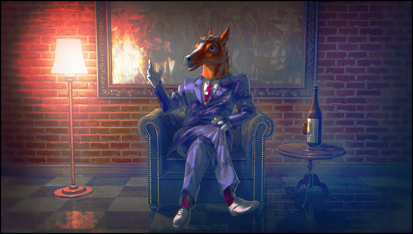 1boy alcohol armchair bacharu_(youtube) blue_suit brick_wall brown_hair chair checkered checkered_floor commentary cup dansei_virtual_youtuber_bacharu drinking_glass gloves highres horse_head horse_mask lamp legs_crossed necktie painting raichi_(litchixlitchi) red_neckwear shoes table virtual_youtuber white_footwear white_gloves wine wine_glass