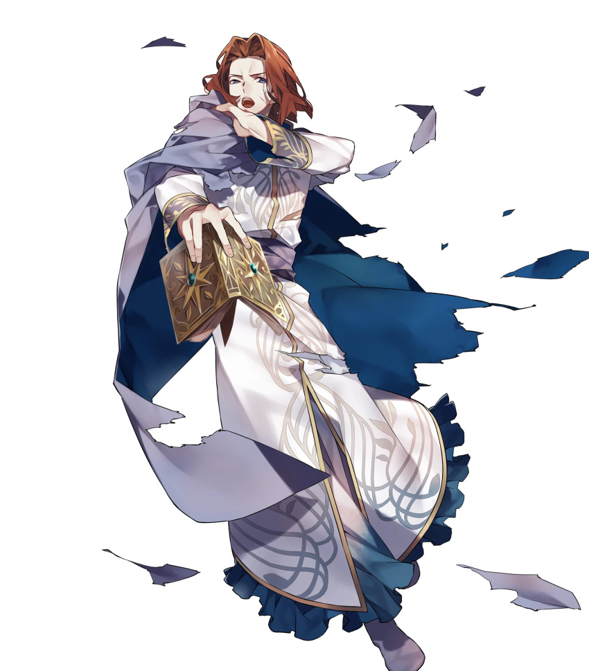 1boy 88_taho blue_cape blue_eyes book cape collar cuts cyas fire_emblem fire_emblem:_thracia_776 fire_emblem_heroes highres holding holding_book injury lips long_sleeves male_focus official_art open_mouth redhead robe serious short_hair simple_background solo sweatdrop teeth torn_cape torn_clothes torn_robe transparent_background white_footwear white_robe