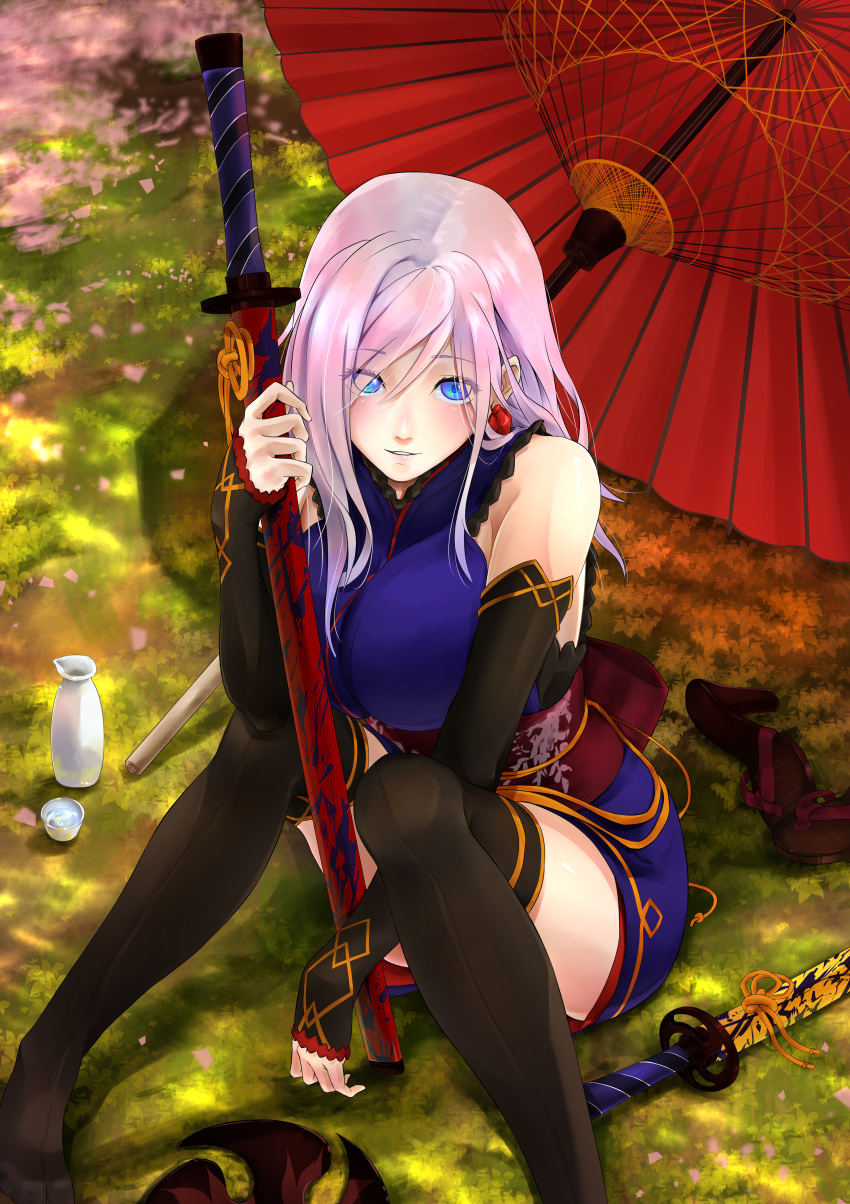 1girl absurdres amanesan black_legwear blue_eyes blush detached_sleeves fate/grand_order fate_(series) grass highres holding holding_sword holding_weapon japanese_clothes kimono light_smile miyamoto_musashi_(fate/grand_order) oriental_umbrella outdoors pink_hair sash sheath sheathed shoes_removed short_kimono sitting solo sword thigh-highs umbrella weapon