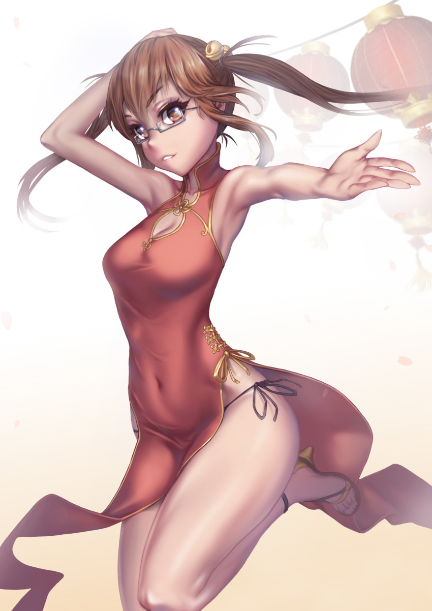 1girl armpits bare_shoulders bell breasts brown_eyes brown_hair china_dress chinese_clothes cleavage_cutout covered_navel dress glasses hair_bell hair_ornament high_heels highres lantern looking_at_viewer original outstretched_arm panties parted_lips pelvic_curtain petals proudsoul reaching_out red_dress semi-rimless_eyewear side-tie_panties side_slit sidelocks solo twintails under-rim_eyewear underwear