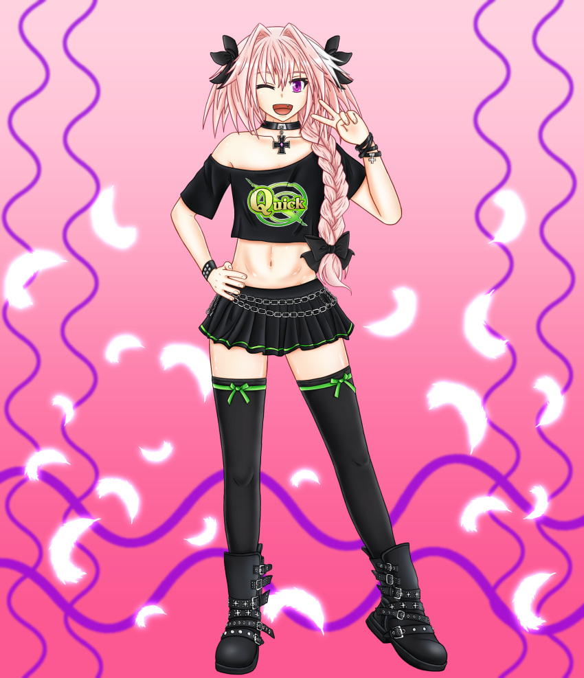 1boy ;d ankle_boots astolfo_(fate) bangs black_bow black_choker black_footwear black_legwear black_shirt black_skirt boots bow bracelet braid chain_belt choker clothes_writing collarbone combat_boots commentary_request contrapposto crop_top fang fate/apocrypha fate_(series) feathers full_body greek_cross green_ribbon hair_between_eyes hair_bow hair_intakes hair_over_shoulder hand_on_hip hand_up highres jewelry long_hair looking_at_viewer male_focus miniskirt multicolored_hair navel off-shoulder_shirt off_shoulder one_eye_closed open_mouth pendant pink_background pink_hair pleated_skirt print_shirt ribbon ribbon-trimmed_legwear ribbon_trim risvu shirt short_sleeves simple_background single_braid skirt smile solo stomach streaked_hair studded_bracelet thigh-highs trap two-tone_hair v violet_eyes white_hair zettai_ryouiki