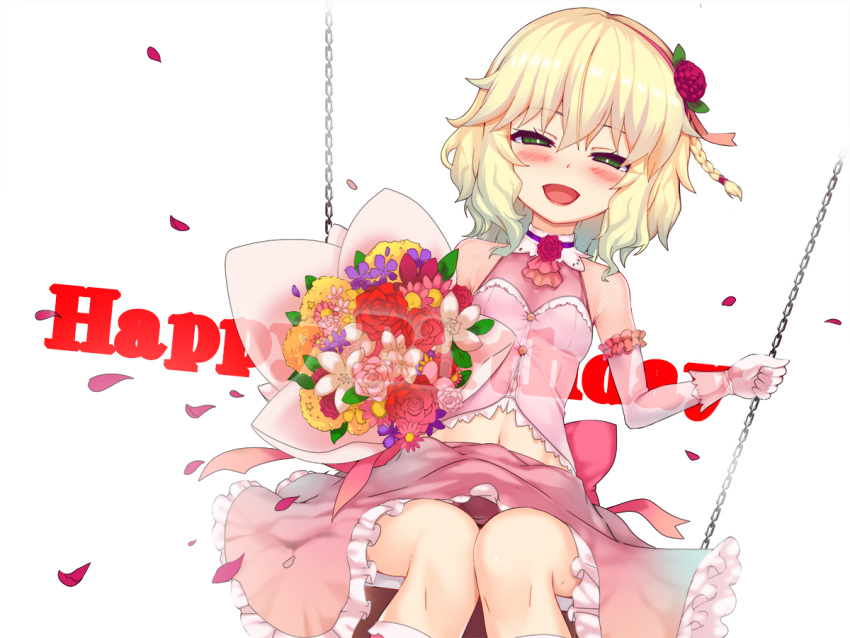 1girl arm_garter ascot bangs blonde_hair blush bouquet braid breasts buttons chains commentary_request elbow_gloves eyebrows_visible_through_hair fishnets flower frilled_skirt frills gloves green_eyes hair_between_eyes hair_flower hair_ornament hair_ribbon half-closed_eyes happy_birthday idolmaster idolmaster_cinderella_girls kneehighs knees_together_feet_apart lipstick looking_at_viewer makeup mascara medium_hair navel okuri_banto open_mouth petals pink_flower pink_legwear pink_neckwear pink_ribbon pink_rose pink_shirt pink_skirt purple_flower red_flower red_lipstick red_rose ribbon rose rose_petals sakurai_momoka shiny shiny_hair shirt simple_background sitting skirt small_breasts smile solo swing wavy_hair white_background white_flower white_gloves yellow_flower