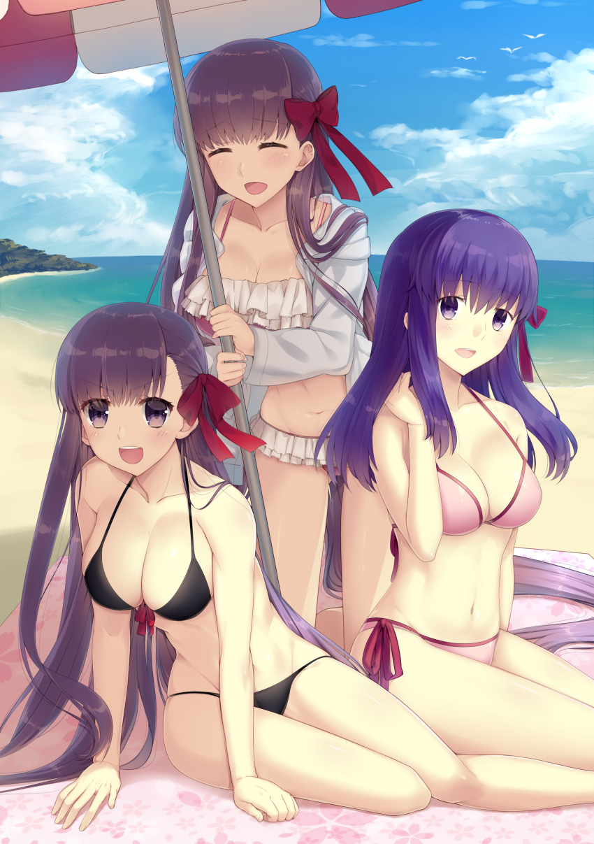 3girls :d absurdly_long_hair absurdres arm_support bangs bare_arms bare_shoulders bb_(fate/extra_ccc) beach bikini black_bikini blue_sky blush bow breasts cleavage closed_eyes clouds collarbone day eyebrows_visible_through_hair fate/extra fate/extra_ccc fate/stay_night fate_(series) fingernails frilled_bikini frills front-tie_bikini front-tie_top hair_bow highres hood hood_down hoodie horizon large_breasts long_hair looking_at_viewer matou_sakura multiple_girls navel ocean open_clothes open_hoodie open_mouth ouhina outdoors passion_lip pink_bikini purple_hair red_bow sand side-tie_bikini sitting sky smile swimsuit upper_teeth v-shaped_eyebrows very_long_hair violet_eyes water white_hoodie