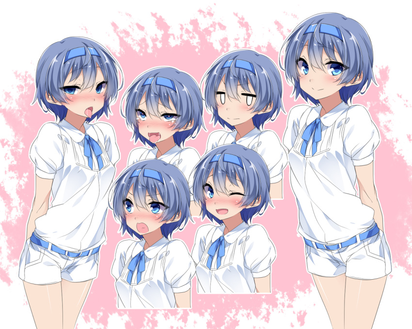 1girl arms_behind_back bangs belt_buckle blue_belt blue_eyes blue_hair blue_hairband blue_ribbon blush breasts buckle cevio closed_mouth commentary_request eyebrows_visible_through_hair hairband heart heart-shaped_pupils looking_at_viewer mtu_(orewamuzituda) multiple_views nose_blush one_eye_closed open_mouth puffy_short_sleeves puffy_sleeves ribbon saliva shirt short_shorts short_sleeves shorts small_breasts smile standing suzuki_tsudumi symbol-shaped_pupils tearing_up tongue tongue_out white_shirt