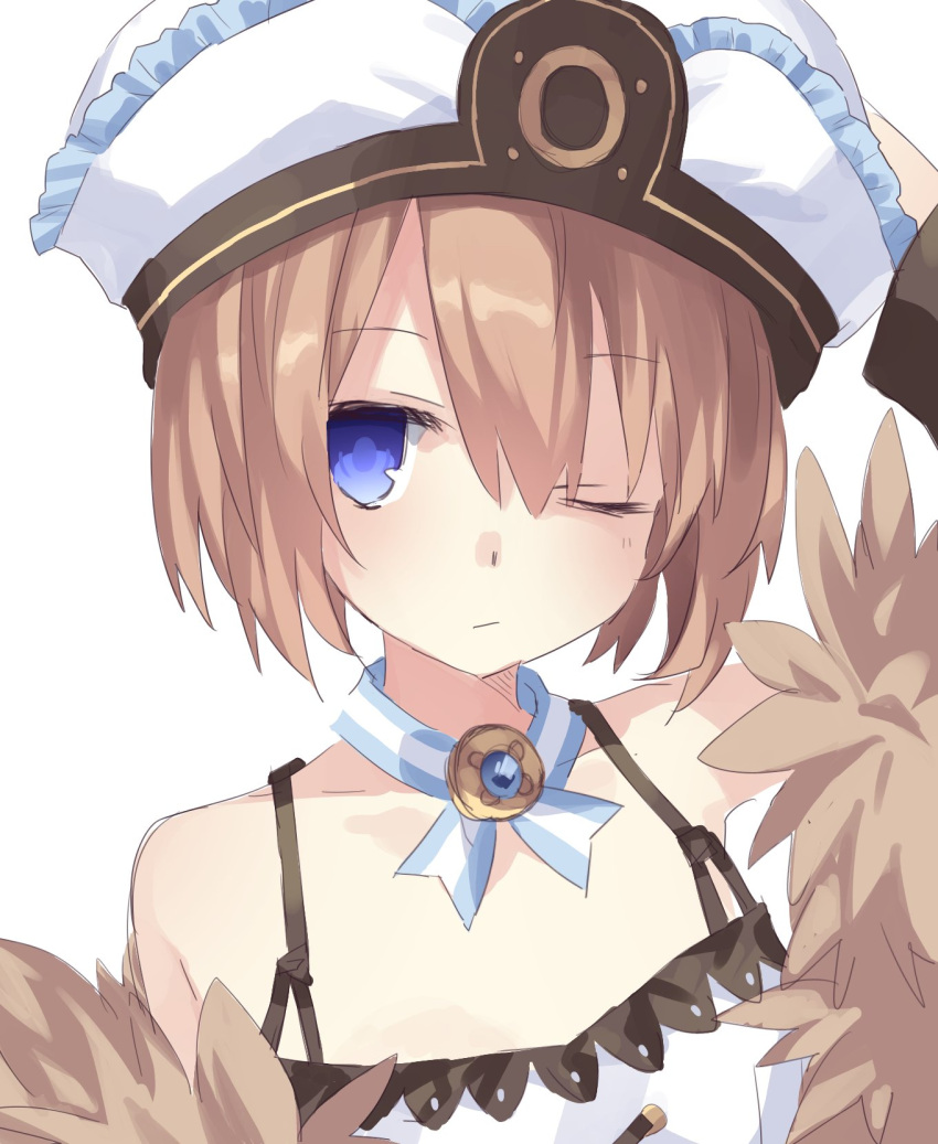 1girl ;/ bare_shoulders blanc blancpig_yryr blue_eyes brown_hair coat commentary commentary_request dress fur_trim hair_between_eyes hand_on_own_head hat highres looking_at_viewer neptune_(series) one_eye_closed short_hair simple_background solo spaghetti_strap upper_body white_background white_dress